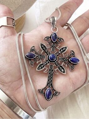 925 Sterling Silver Lapis Lazuli Cross Necklace Gemstone Womens Jewelry